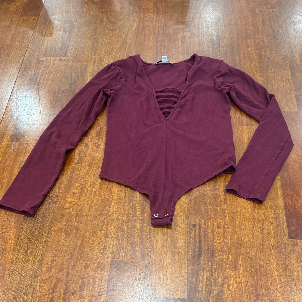 Express Sexy Burgundy Long Sleeve Thong Bodysuit